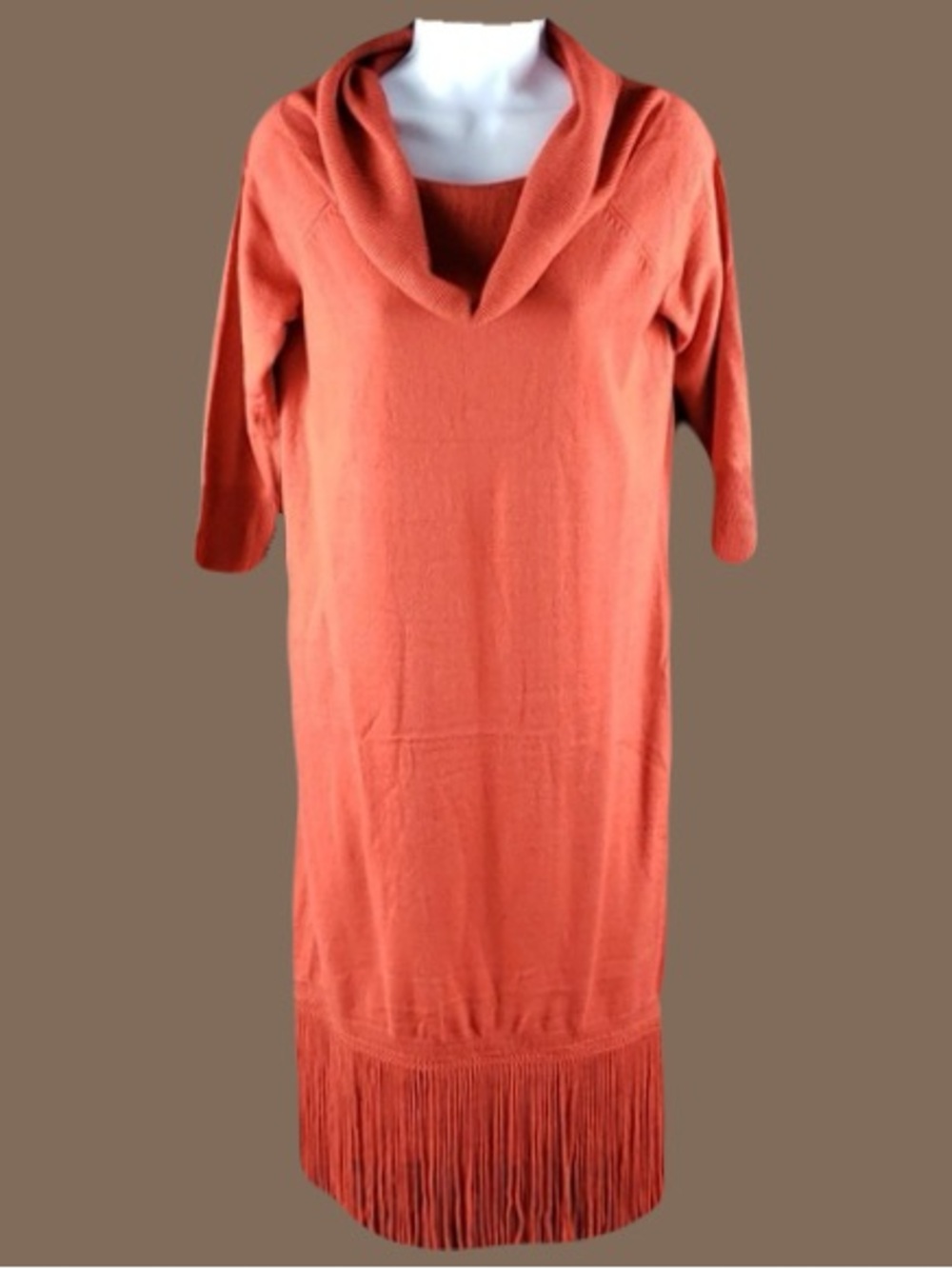 New York & Company Rust Orange Cowl-Neck Fringe Sweater Dress